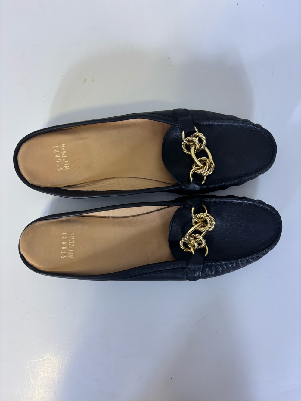 Stuart Weitzman Black Leather Open Back Loafers with Gold Chain Women’s 9